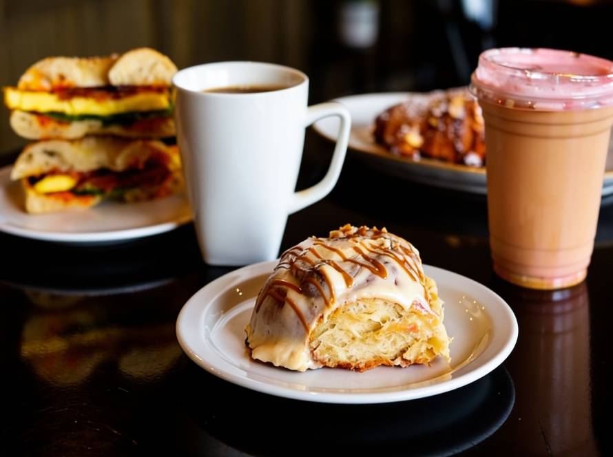 Cookie butter bun with breakfast sandwich and coffees at a bakery table